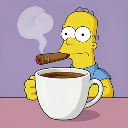 cup of coffee with eyes nose and mouth smoking cigar simpsons style