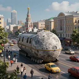 russian city on the moon vehicle designed by ash thorp, busy street, rendered in octane, unreal engine 5, photorealistic, 8 k hdr