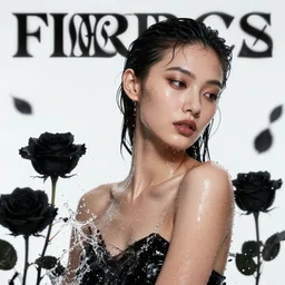 fierce glossy wet fashion model, water splashing, sweat skin, liquid metal dna, effervescent, black roses, poster art, ultradetail, hyperrealistic illustration, watercolor, deep mood, hyperrealism, 3 d, in the style of irakli nadar,