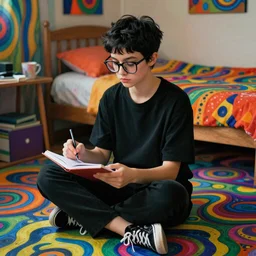 egon schiele style teenage black pixie haircut and big glasses girl, dressed in black, sitting  over a trippy victor moscoso floor . lsd colorful bedroom, diary on her hand