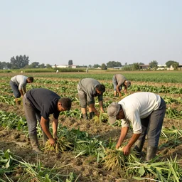 farm workers bent over, harvesting, by ottone rosai