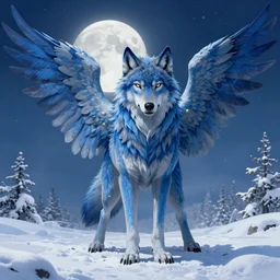 blue wolf with wings, facing front, regal, elegant, winter, snow, moonlit, hd, illustration, epic, d & d, fantasy, intricate, elegant, highly detailed, digital painting, artstation, concept art, smooth, sharp focus, illustration, wallpaper, art by artgerm and greg rutkowski and alphonse mucha and jin xiaodi