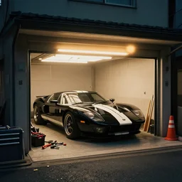 modern garage small, japanese. parts strewn around tools. tool box. black 2028 Ford GT. Warm fluorescent lighting. Bladerunner 2049 (muted colors) scene. artstation trending. 45mm camera photo 2017. Street racer garage tokyo ((dull colors)).