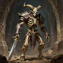 A spiked horned semiork-semihuman skeleton with armored joints stands in a large cavernous fortress with a big broadsword in hand. Massive shoulderplates. Extremely high details, realistic, fantasy art, solo, masterpiece, bones, ripped flesh, saturated colors, art by Zdzisław Beksiński, Arthur Rackham, Dariusz Zawadzki