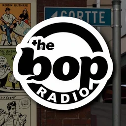the be - bop radio logo with a street sign in the background, a comic book panel by Robin Guthrie, behance, barbizon school, logo, 1990s, thx sound