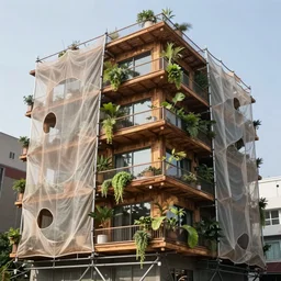 hyperrealstic photo of a futuristic timber building in an urban setting. the building has many balconies with hanging plants. parts of the building are wrapped in billowing fabric tarps. the fabric tarps are transatlant mesh with large holes for balconies and windows. the fabric hangs from metal scaffolding, 8 k