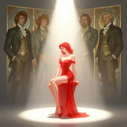 digital concept art by artgerm, tooth wu, bierstadt, gurney, stalenhag and alphonse mucha. just one lonely red tape project attctive showgirl!! full body!! contour light effect!! 8 k, stage light. octane render. sharp edge. ultra clear detailed, sitting pose