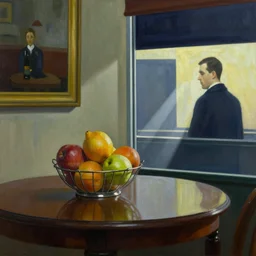 70s living room table with fruit basket, fine art, still life, the shinning stanley kubrick, god ray, cinematic, realistic, detailed, close up, volumetric lighting, painting in the style of Edward Hopper