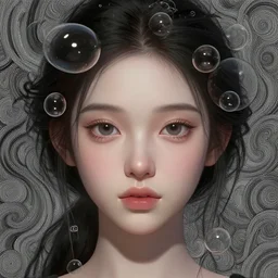 perfectly detailed closeup portrait of a beautiful mysterious girl, bubbles around head, cute eyes, swirly intricate linework background by stanley artgerm lau, smooth, digital painting, by greg rutkowski and hr giger, zbrush, trending on artstation, unreal engine 5