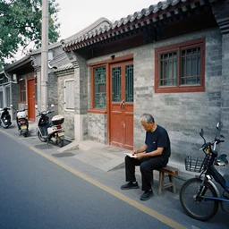 everyday life in a quiet street in beijing, film photography, 3 5 mm, cinematographic, detailed, realistic - - style stephen shore.