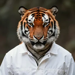 anthropomorphic male Tiger wearing white straitjacket with smudged black lipstick on lips, orange fur, detailed fur, high detail, 4k, portrait, semi realism, anthro, kemono