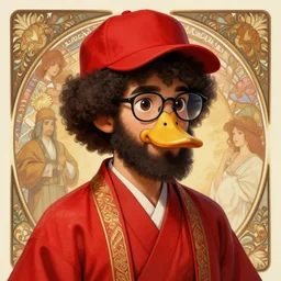 hyperdetailed portrait of a cute young ducktail bearded moroccan male waring wayfarer glasses and red baseball hat over an afro in a red kimono, digital painting, artstation hq, sharp foccus ilustration, artstation hq. intricate, elegant. wlop, artgerm, greg rutkowski, alphonse mucha, medium shot. dan mumford, tomokazu matsuyama,