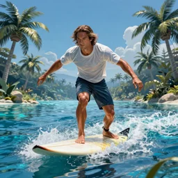 a handsome man with shoulder - length hair surfing on a surfboard in a magical blue lagoon, clear water, palm trees, digital illustration, art by greg rutkowski and artgerm, intricate, elegant, smooth, amazing detail, concept art, sharp focus, cinematic lighting