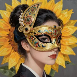 masquerade ball mask, korean audrey hepburn, vogue magazine, elle magazine, greg rutkowski, john singer sargent, trending on artstation, anime, oil painting, side profile portrait, looking right, sunflower mandala, intricate
