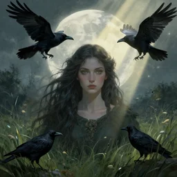 the morrigan, celtic goddess, ravens, god rays, moonlight, meadow, natural, octane render, rossdraws, tom bagshaw, ross tran, charlie bowater, greg rutkowski, artgerm, alphonse mucha, 1 6 k, soft lighting, character illustration, headroom