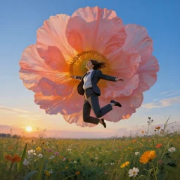 closeup, big flower head, girl in suit jumping in field of flowers, surreal photography, sunrise, blue sky, dramatic light, impressionist painting, digital painting, artstation, simon stalenhag