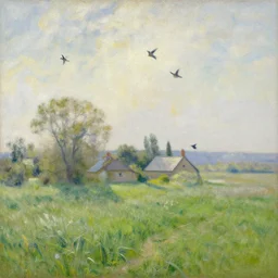 a grassy landscape with a cottage and birds in the air, impressionist painting