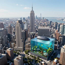 aerial panorama view of a giant fish tank shaped like a city in the middle of new york city, 8 k octane render, highly detailed and photorealistic
