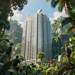 photo a massive building by apple towering over a jungle 4 k rtx hdr volume light concept studio matte painting environement digital illustration fanart artstation by eytan zana and balazs agoston, jad saber, aaron limonick, pablo dominguez and florent lebrun and robby johnson
