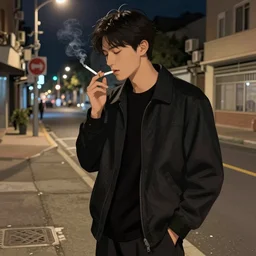 man holding cigarette on the street at night, concept art
