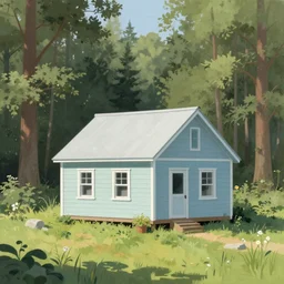 a clearing in a forest with a cabin painted by Bob Ross