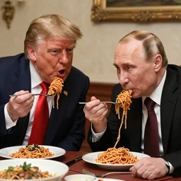 donald trump and vladimir putin eating spaghetti like lady and the tramp