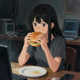 painting of girl eating a hamburger, anime, cluttered, electronics, wire, dark lighting