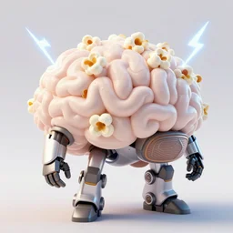 fluffy popcorn brain in the style of a mecha, with lightning bolts