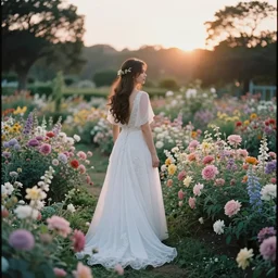 analog photograph of beautiful bride from the back wearing a long flowing wedding dress in stunning flower garden at sunset by mark owen. pastel colours bokeh. cinematic. hq. detailed. contrast. cinestill 8 0 0 t