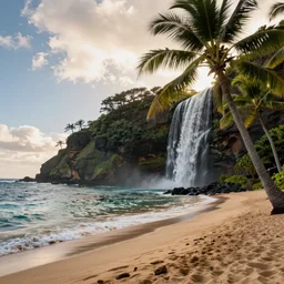beautiful beach at kauai, cinematic lighting, palm trees, waterfall, nikon 3 5 mm f 8