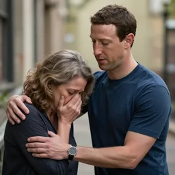 uncanny valley Mark Zuckerberg comforting a grieving widow, photo, detailed, 4k