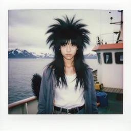 black - haired girl with wild spiky black saiyan hair with long bangs over her eyes, hair covering eyes, tail behind her, [ tail!!!!!!!!! ], wearing casual clothing, standing on an alaskan fishing vessel, mekoryuk, alaska, 1 9 6 5, polaroid, kodachrome, grainy photograph