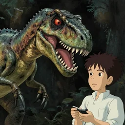 a very dull still from jurassic park ( 1 9 9 3 ) in the style of studio ghibli of a velociraptor clawing an old nerdy skinny scientist. painting by studio ghibli. close up on the faces, perfect art, grimdark, trending on pixiv fanbox.
