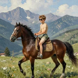 A bare-chested boy wearing sunglasses riding a brown horse through the mountains. by Valentin Serov, Mikhail Vrubel, Nesterov, Adrian Ghenie. Terrence Malick and Tarkovsky