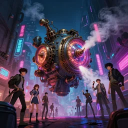 Steampunk time machine emitting smoke in a cyberpunk city street, neon lights, james gurney, katsuhiro otomo, james paick, cinematic lighting, artstation, vibrant nature, anime style, Craig Mullins, Greg Rutkowski, Pete Morbacher, Tuomas Korpi, tekkon kinreet, volumetric light, artstation, , octane render, redshift render, low angle camera, rich deep moody colors