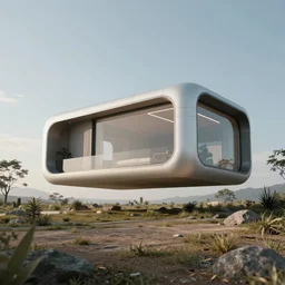 futuristic house with a device that allows elevating the house from ground level to 5 meters high