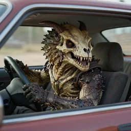 photo of the deathclaw monster inside the car, artstation