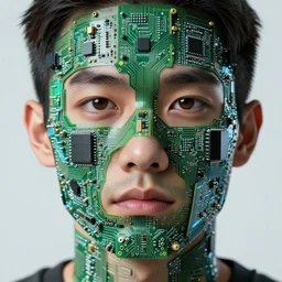 Closeup portrait of a person constructed from circuit boards, circuitry, digital concept art