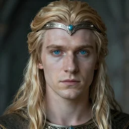 portrait of a pale VANYAR prince with piercing blue eyes and long golden hair with a silver circlet, artstation, matte painting