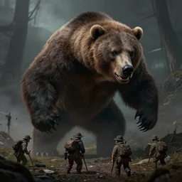 giant grizzly monster terrorising a group of 4 small poachers, dark fantasy, dnd, extremely detailed, sharp focus, smooth, matte painting, concept art, vaporwave style, tenebrism, trending on artstation