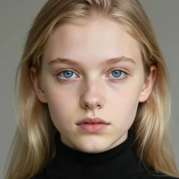 High-Quality photorealistic portrait of a young thin girl, blue eyes, blonde hair, wearing a black turtle neck, face center close-up, realistic colors