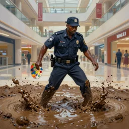 palette knife oil painting of a black mall security guard turning into mud and sludge. the mall around him is also turning into mud, extreme detail, artstation trending, artgerm, deviant art, octane, substance, art history 8 k
