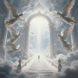 a way to go to heaven. very beautiful and peaceful celestial way in the sky to go to the gate of heaven. we can see detailed angels fly across this way. white ominous. volumetric light, intricate, very beautiful fantasy art, digital illustration. unreal engine 5 rendering.