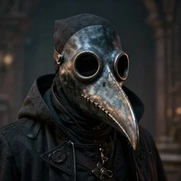 A closeup of a Plague Doctor with a beak like mask by Greg Rutkowski, Dan Mumford, Christophe Vacher, Bloodborne, 4k photorealistic, volumetric lighting, HD, high details, dramatic, dark atmosphere, trending on artstation