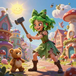 cartoon an evil girl in torn dress and green crumpled hair and torn bow on her head with smile hits sledgehammer on painted teddy animals in a fabulous city with colorful structures, a street with houses made of mushrooms and sweets, a fairy tale, comic, the sun smiles, magical clouds with flying locks, fairy beasts in the background