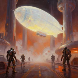 dramatic perspective cephalopod fury road in space a minimalist bioluminescent oil painting by donato giancola, chris foss, warm coloured, cinematic scifi luxurious futuristic foggy steam filled spaceport with giant bright translucent zeppelin cyborg with microscopy, gigantic pillars, maschinen krieger, beeple, the matrix, star wars, ilm, star citizen, mass effect, artstation, atmospheric perspective