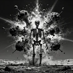 An exploding jet-black skeleton explodes, negative photography, unreal engine, molecules flying