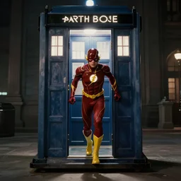 film still of the flash exiting the tardis, directed by zach snyder