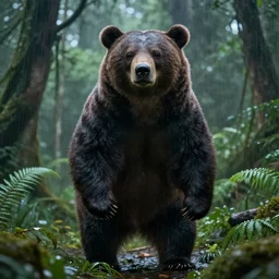 A cyberpunk bear in a rainforest, highly detailed