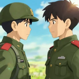 commander calmly confronting a soldier. hyperrealistic anime background illustration by kim jung gi, colorful, extremely detailed faces, intricate linework, smooth, super sharp focus, bright colors, high contrast, matte, octopath traveler, studio ghibli, unreal engine 5 highly rendered, global illumination, radiant light